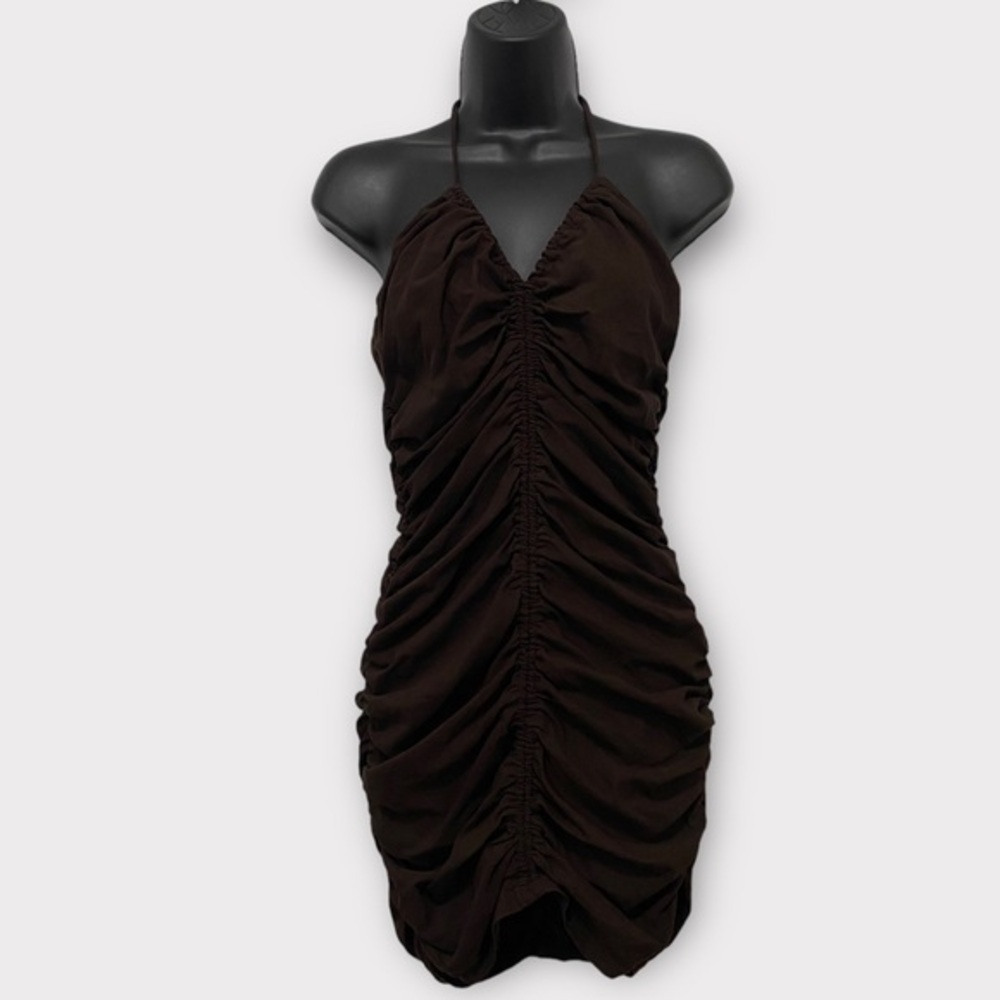Better Be Chocolate Brown Ruched Bodycon V-Neck Halter Dress Size Large